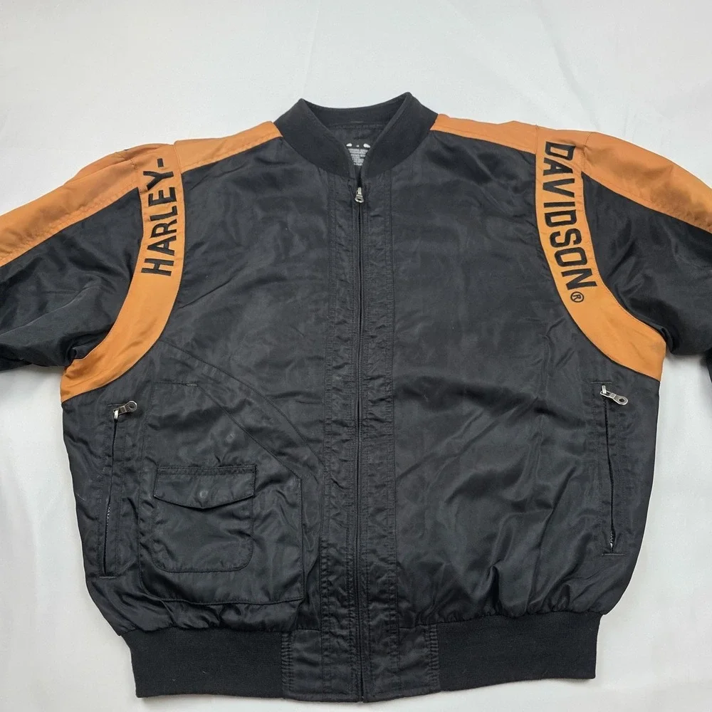 Harley-Davidson Jacket Mens Large Black Orange Bomber Nylon Motorcycle Biker